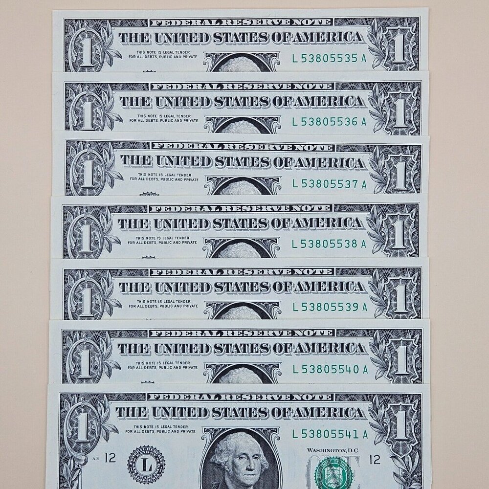 7 One Dollar Bills Uncirculated Sequential‎ (W/ SLEEVES) - Series 2021 (B197)